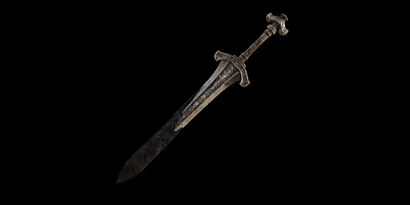 The Gargoyle's Blackblade with a black background in Elden Ring.