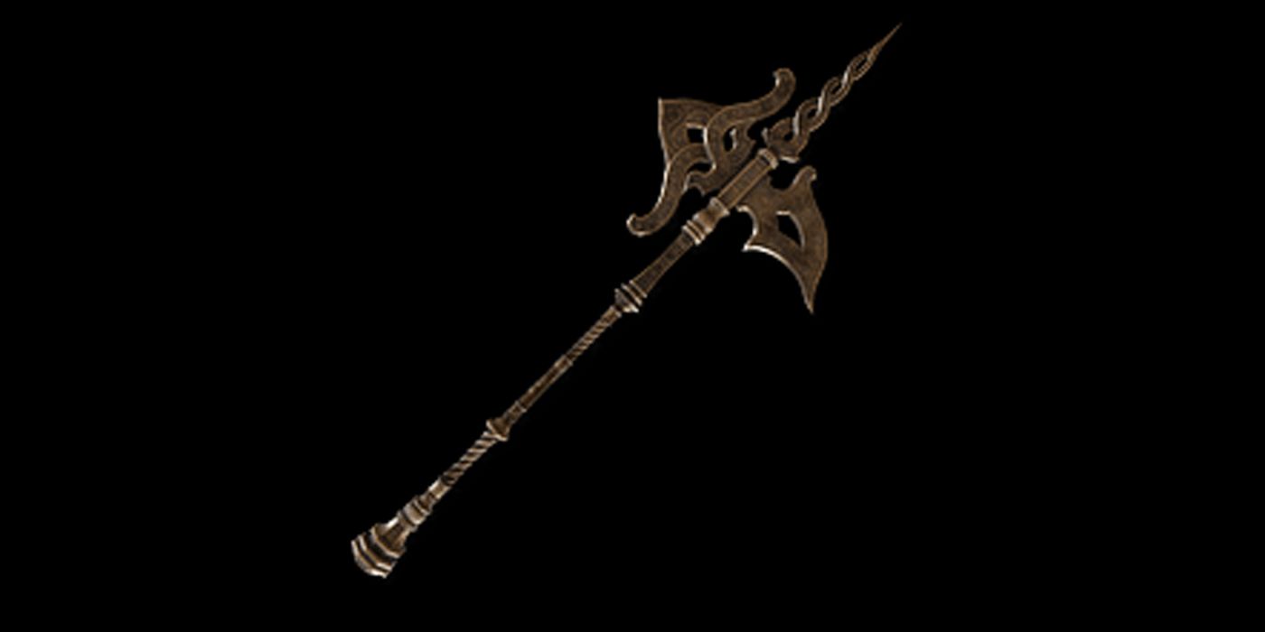 The Golden Halberd with a black background in Elden Ring.