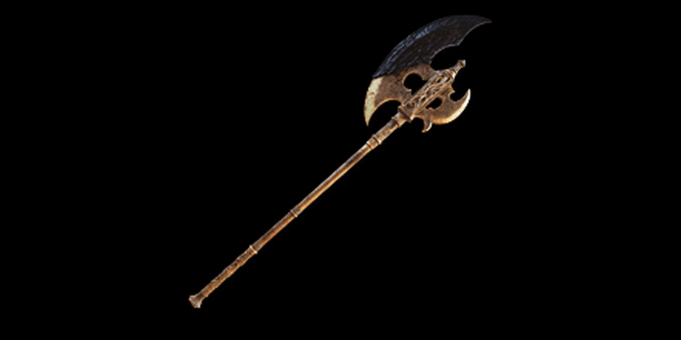 The Gargoyle's Black Halberd with a black background in Elden Ring.