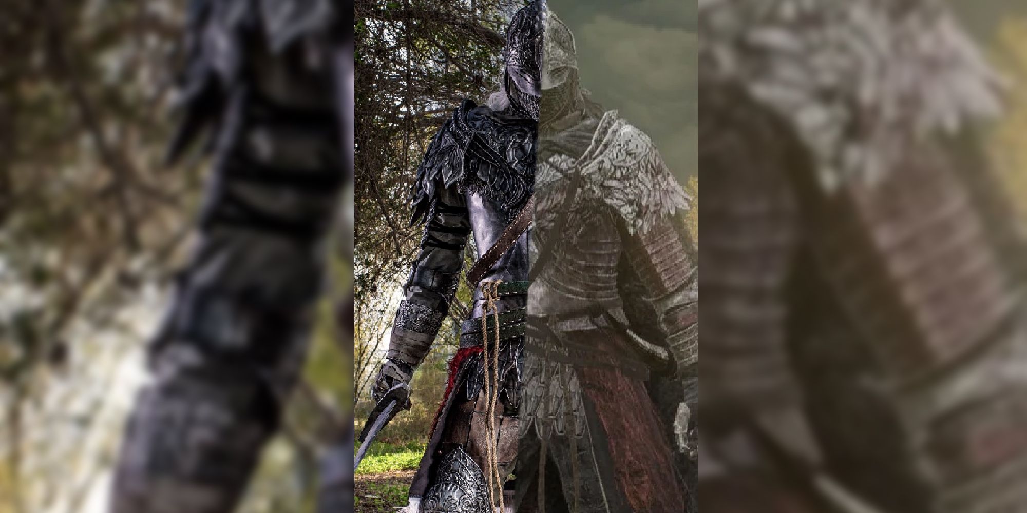 Elden Ring raging Wolf cosplay in a split with the armour in-game