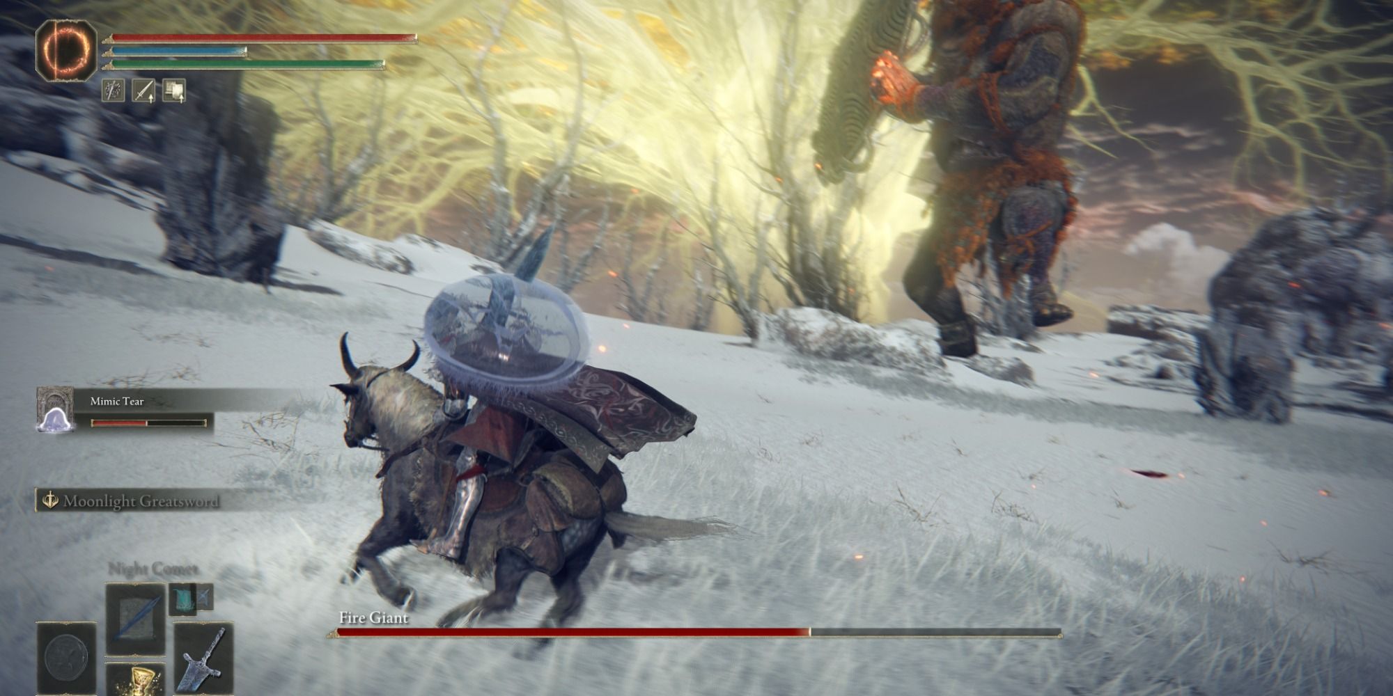 The Fire Giant mid-charge with his heavy shield in Elden Ring