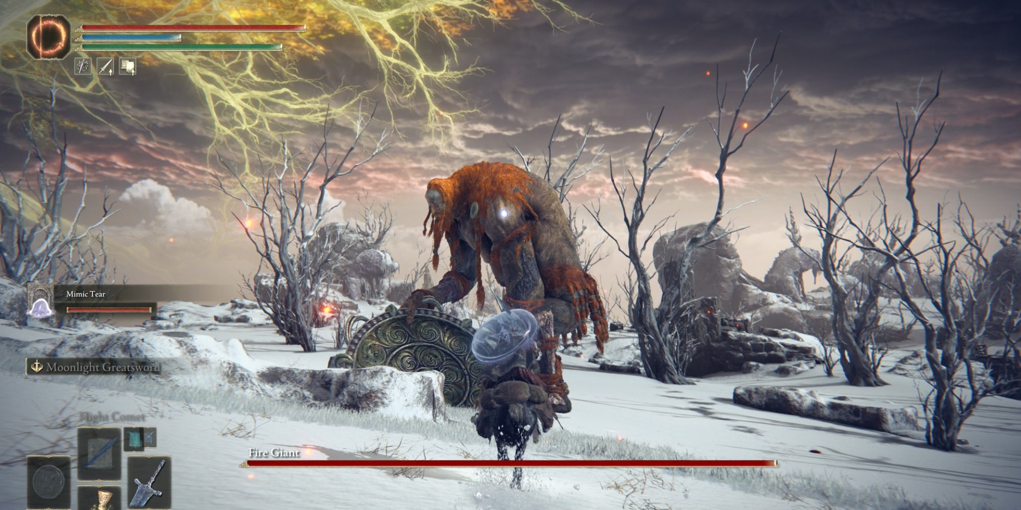 Fire Giant using his great shield as a shovel to launch snow at the player in Elden Ring