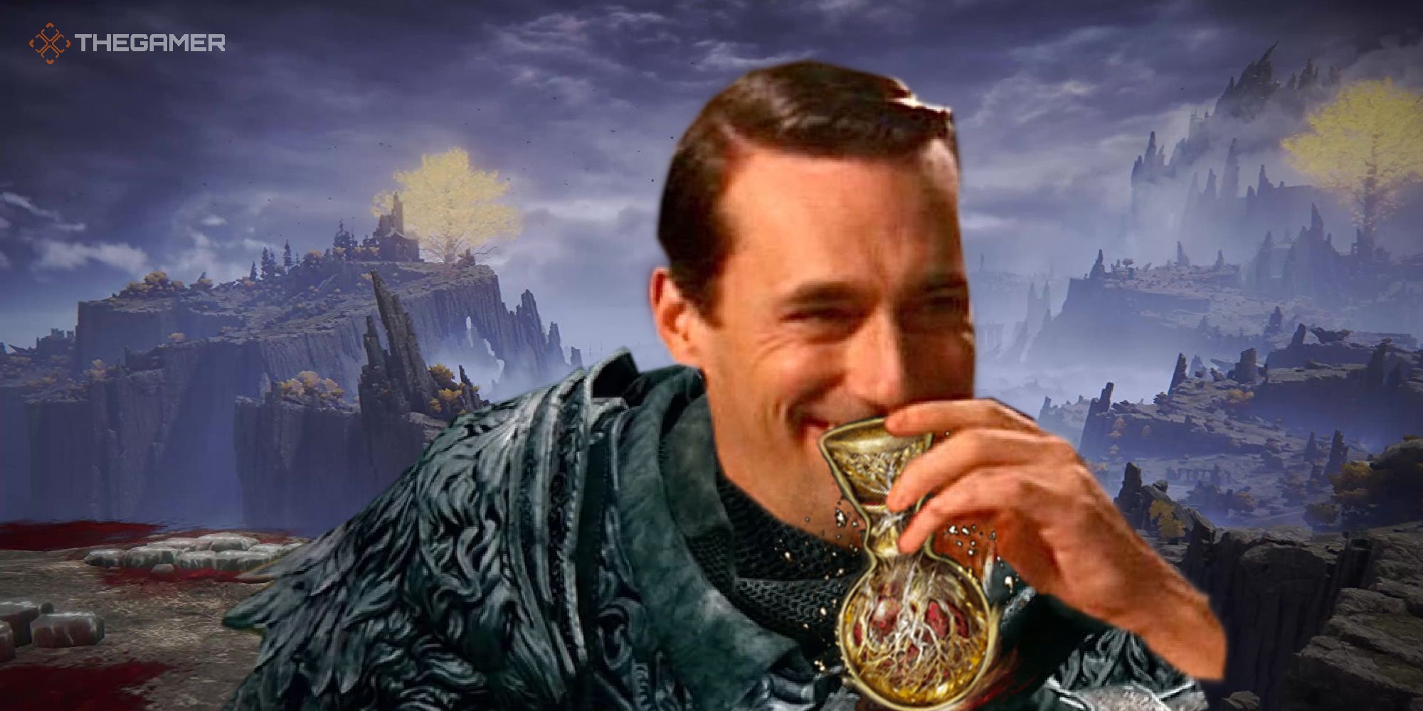 Elden Ring Flask Meme - jon hamm - i think - drinking from a fancy goblet in front of an elden ring landscape