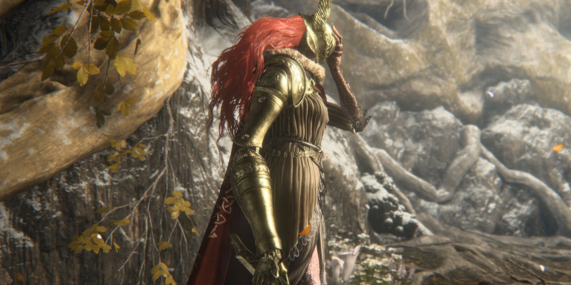 Malenia, Blade of Miquella, putting her helmet on in Elden Ring