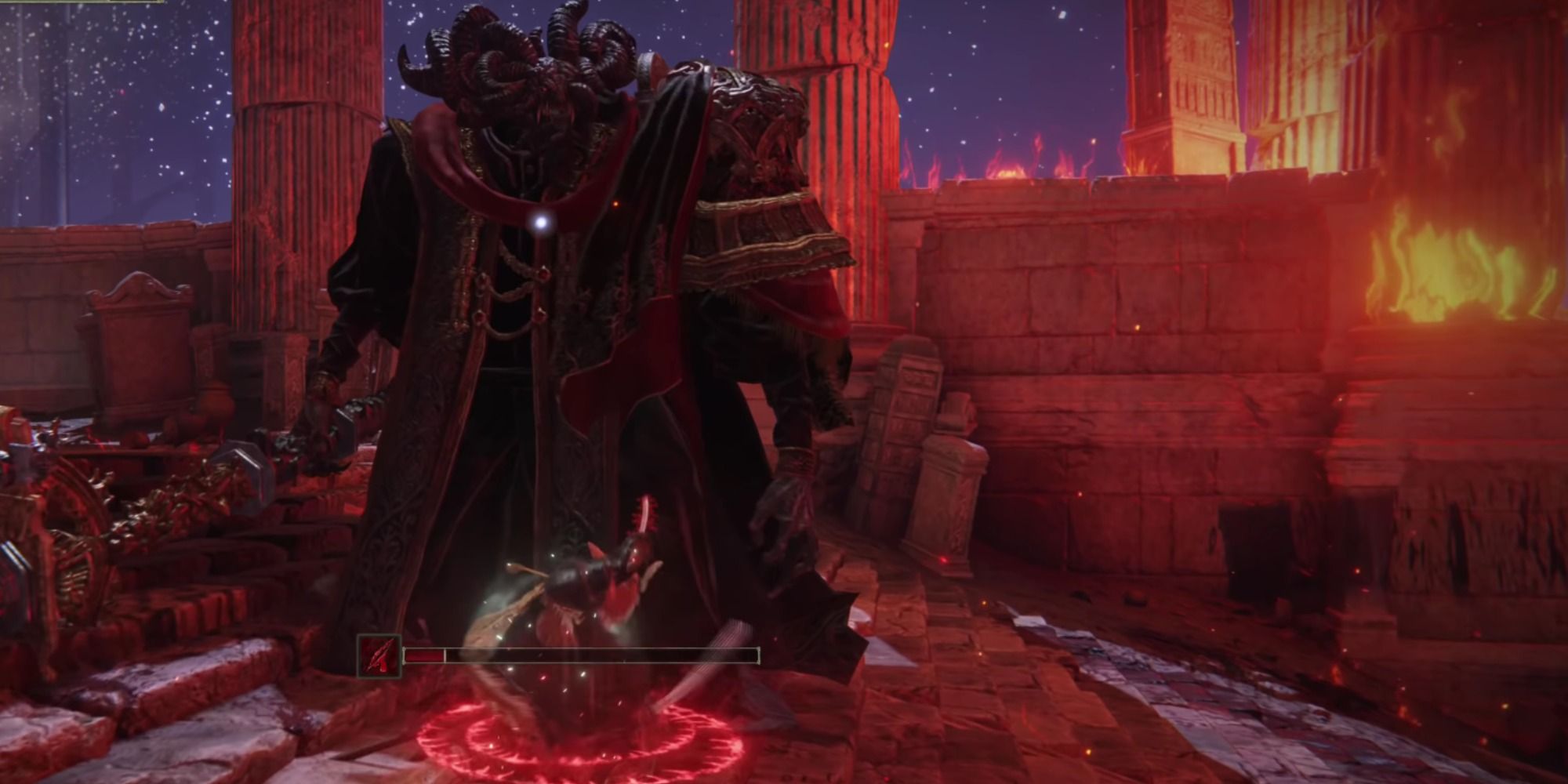 Mohg, Lord of Blood, placing curse rings around the player in Elden Ring