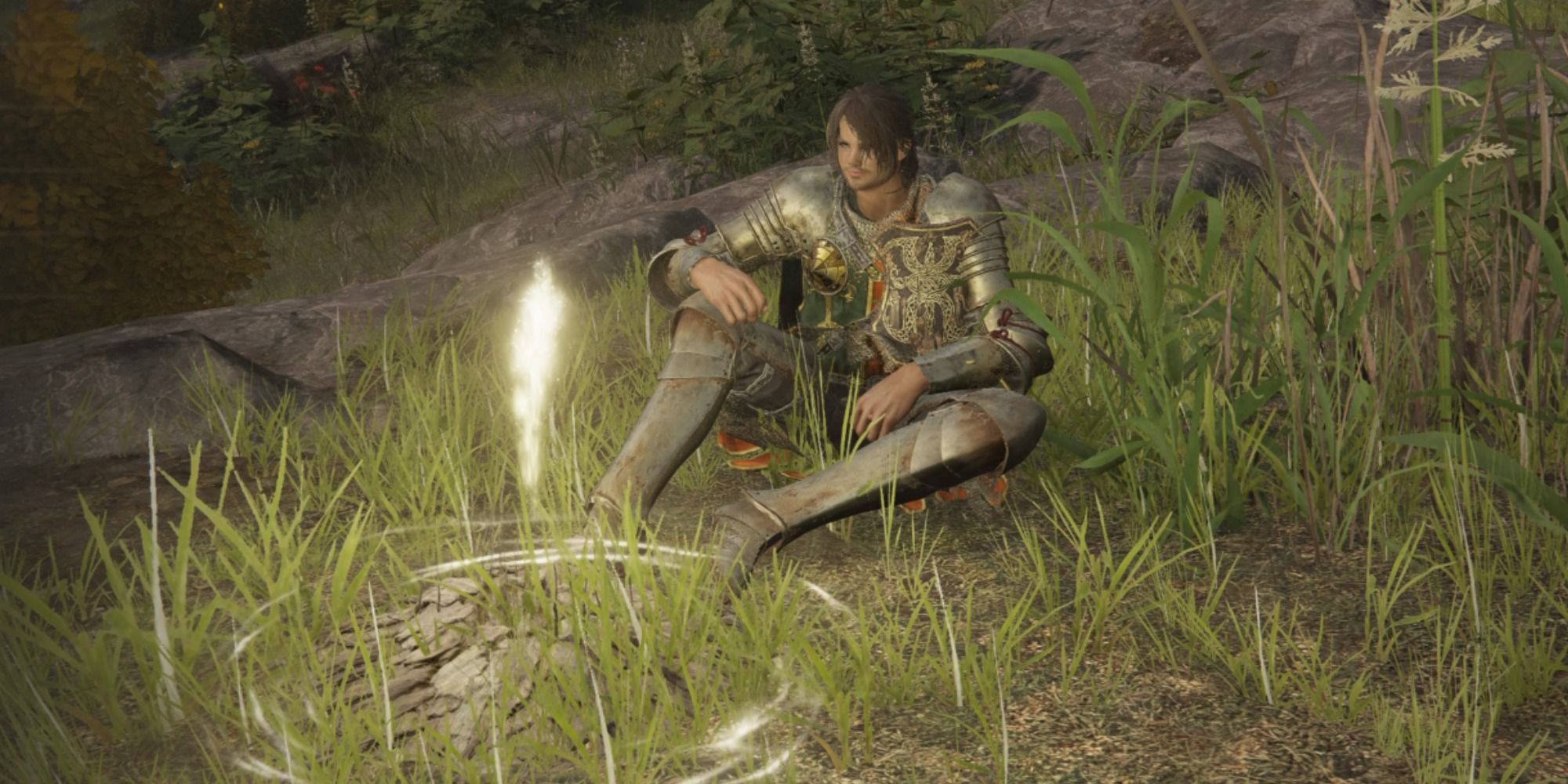 Elden Ring character sitting in a grassing clearing at a Site of Grace
