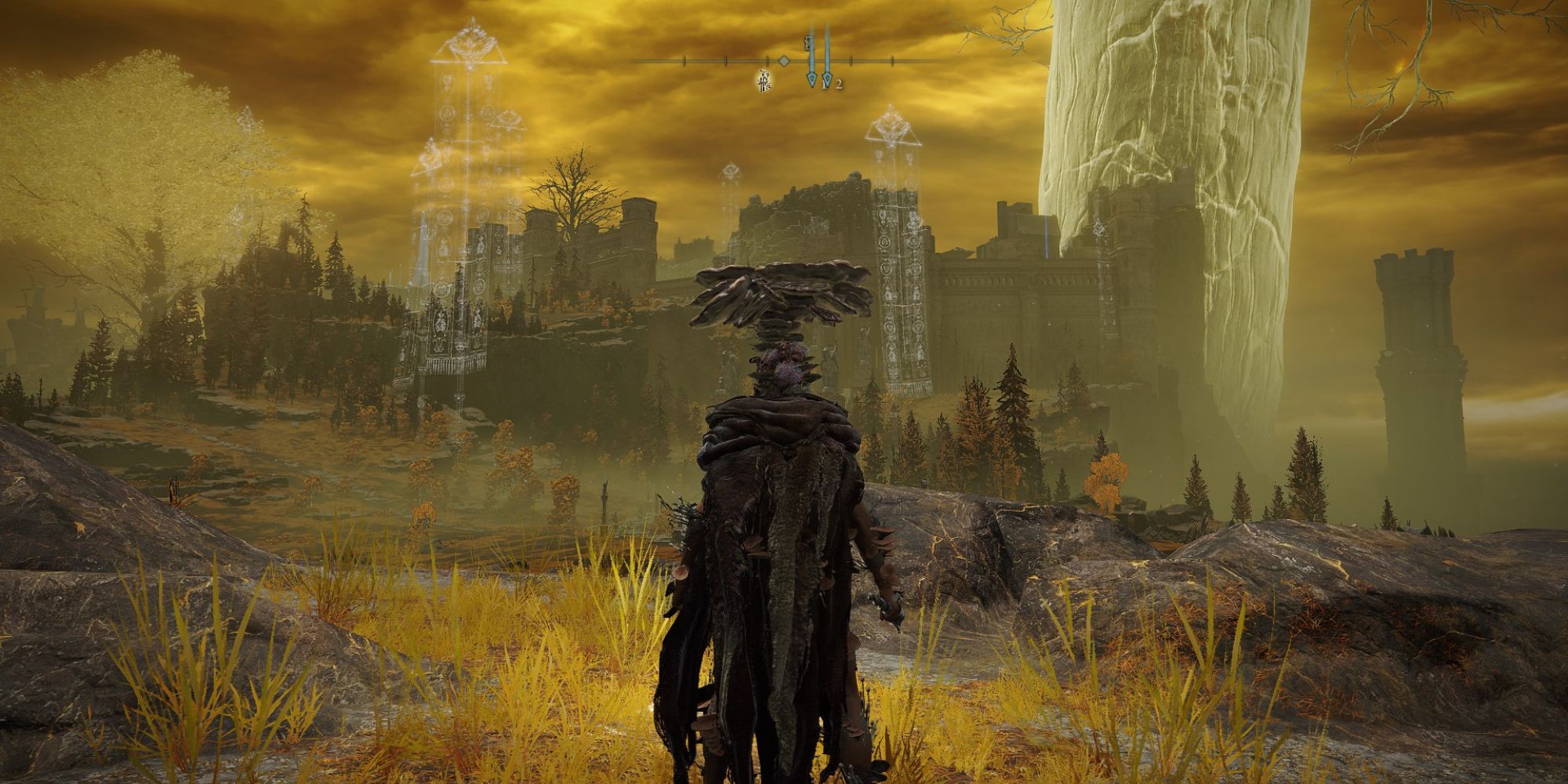 The Tarnished looks at the atlus plateau overlooking the capital in Elden Ring.