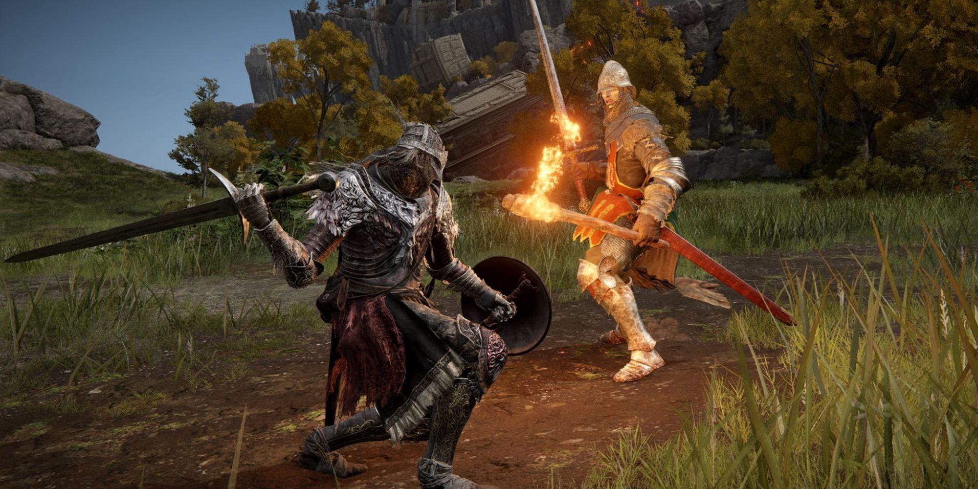 The player does a charge attack against a guard in Lordran in Elden Ring