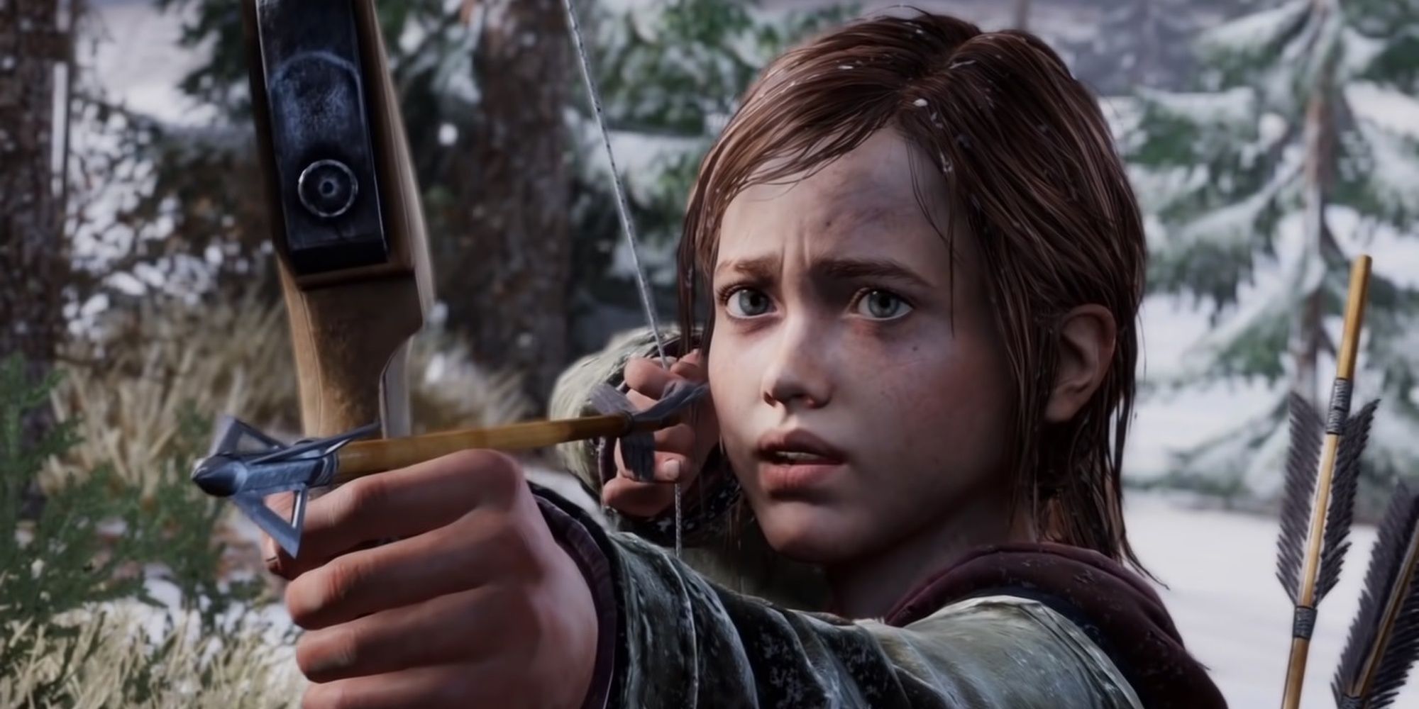 Ellie with her bow at David in The Last of Us