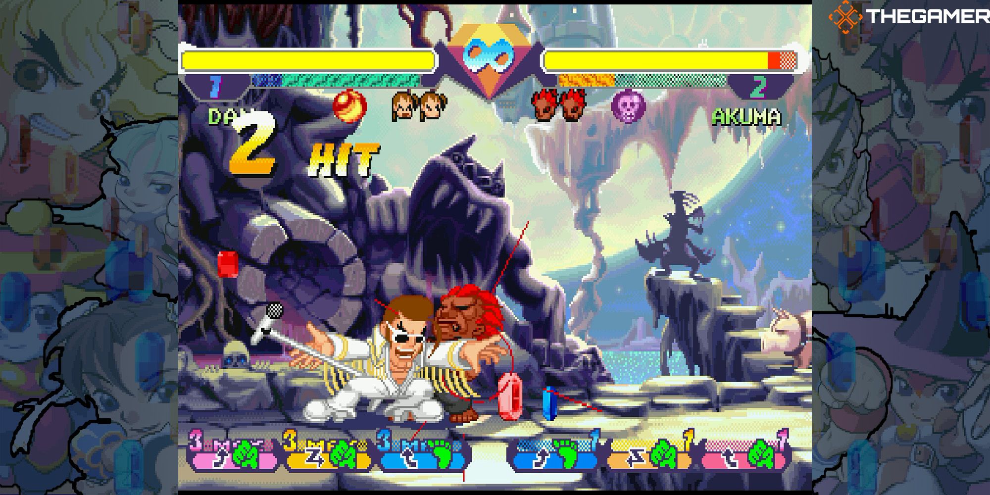 Dan struts around with a microphone as Elvis in a battle against Akuma at Moonlight Dark Castle. Pocket Fighter.