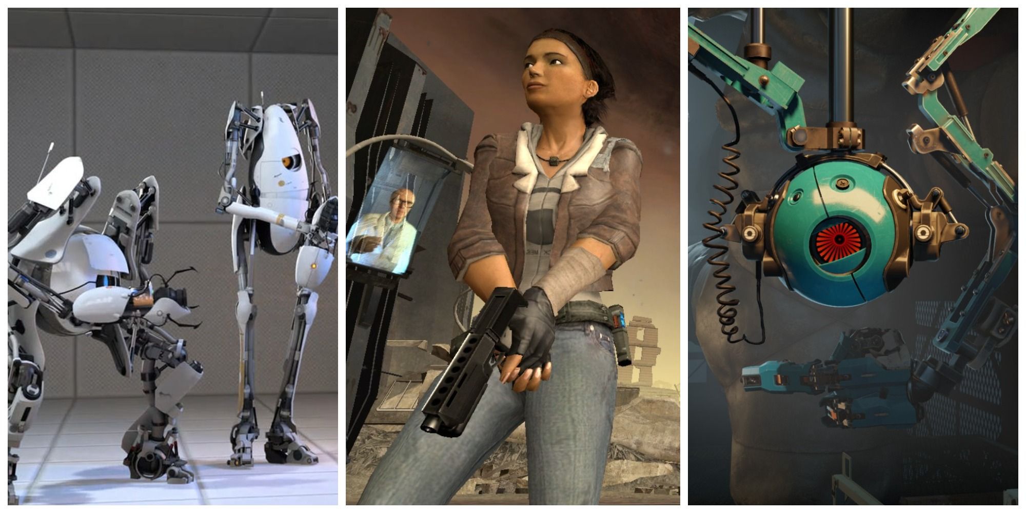 Feature Image, From left to right; Peabody and Atlas from Portal 2, Al from Half-Life 2, Grady from Aperture Desk Job