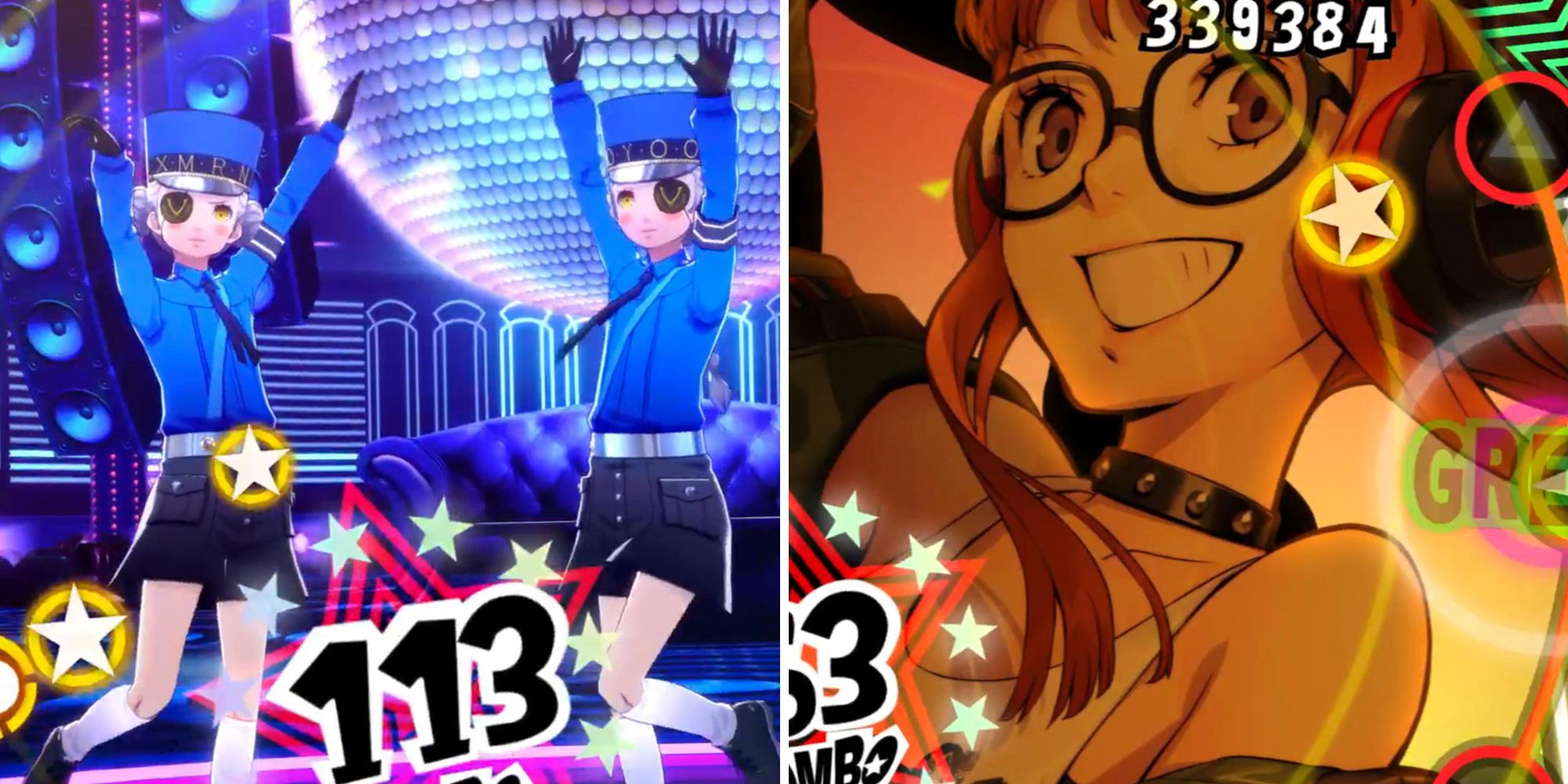 Persona 5 Dancing In Starlight split image. Caroline and Justine. Futaba.