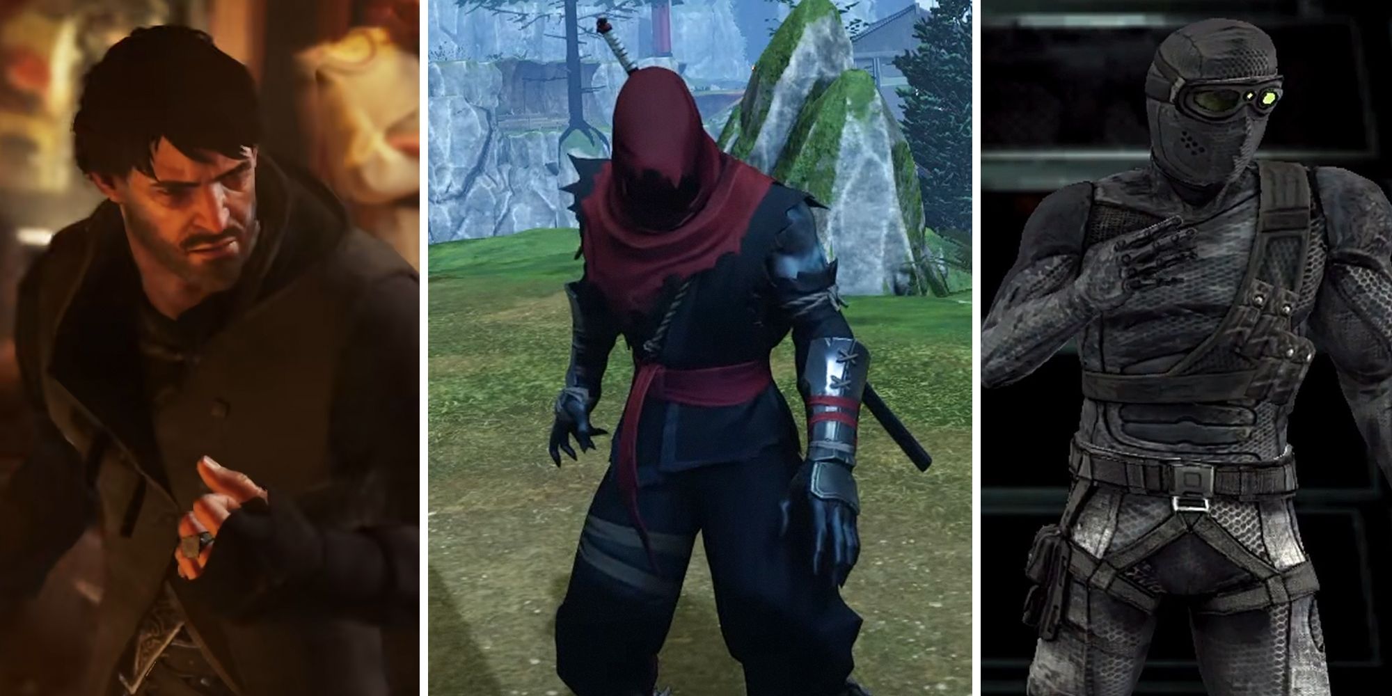 Dishonored, Aragami 2, Splinter Cell. Split image of outfits from the games.