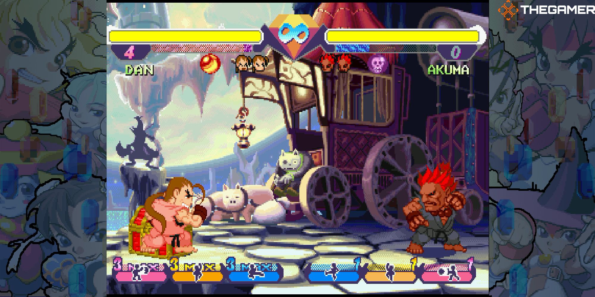 Dan unleashes his Legendary Taunt on Akuma in a battle at Moonlight Dark Castle. Pocket Fighter.