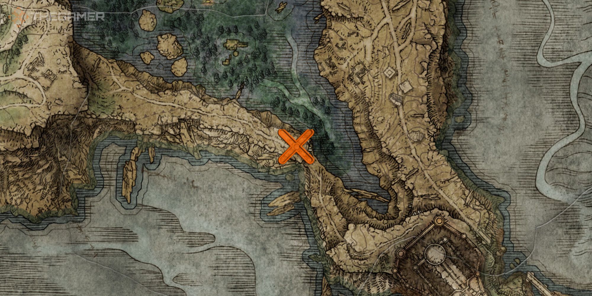 Map showing the location of the Flame of the Fell God spell in Elden Ring