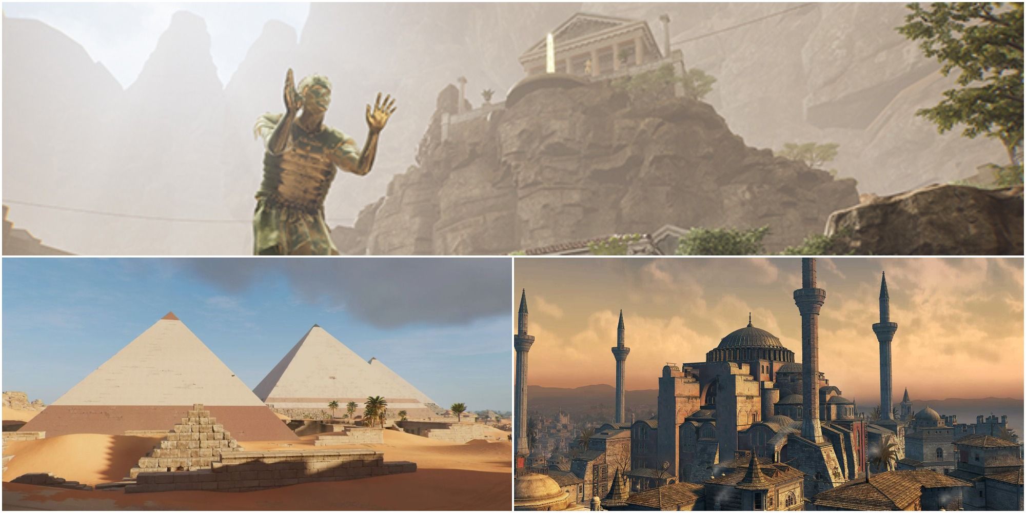 The Forgotten City (top), The Pyramids at Giza in Assassin's Creed Origins (bottom left) and Constantinople in AC Revelations (bottom right)