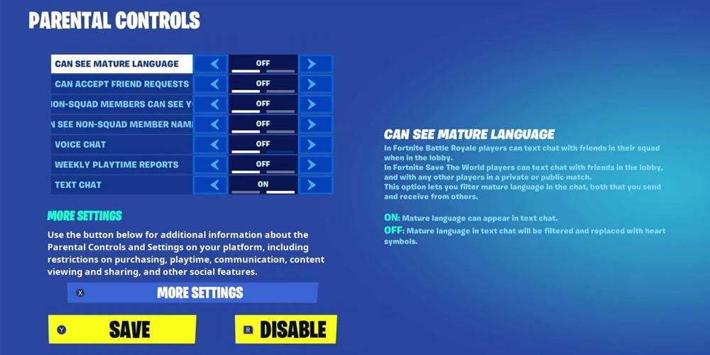 Fortnite's Parental Controls main settings menu