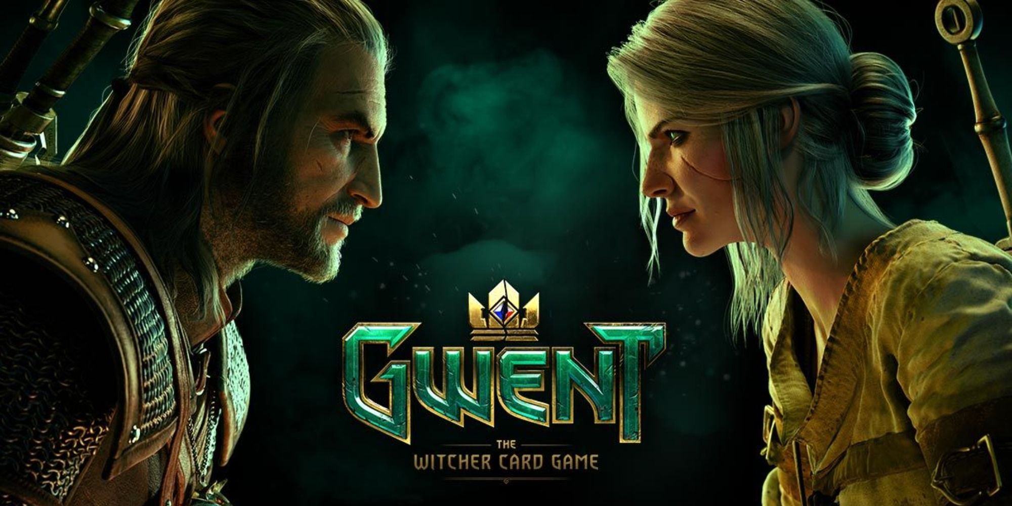Geralt and Ciri glaring at each other, the word GWENT between them.