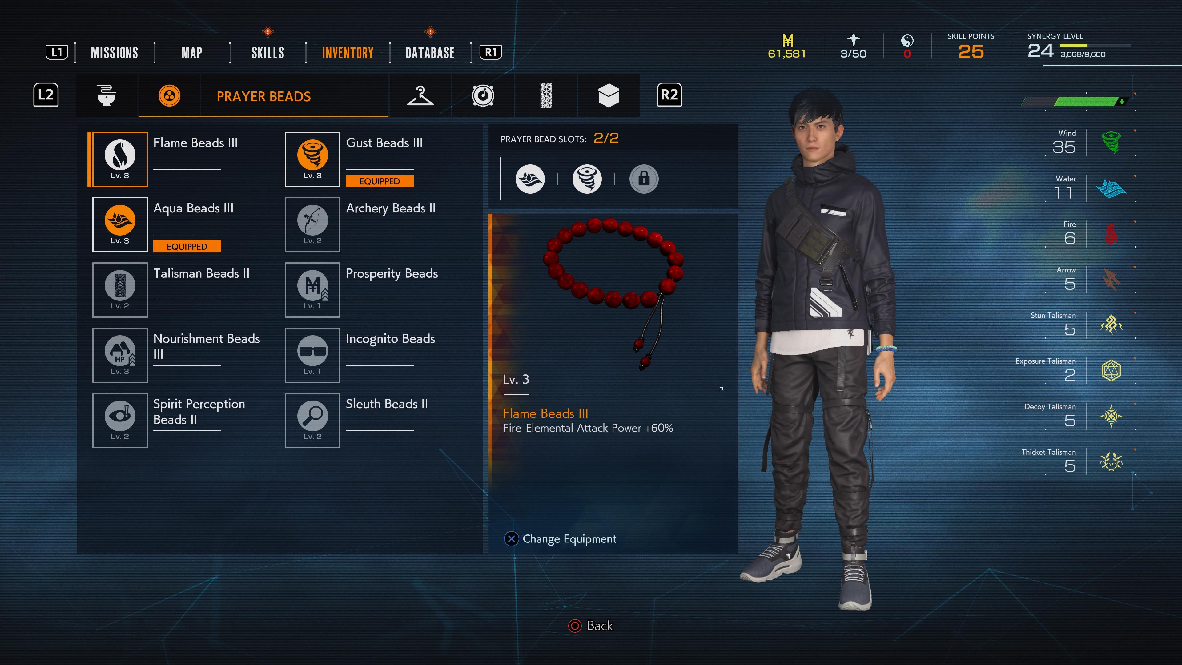 Ghostwire Tokyo inventory screen showing flame beads