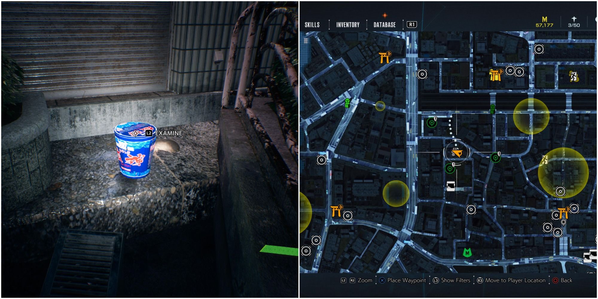 Ghostwire Tokyo Collage - tanuki location map and noodle