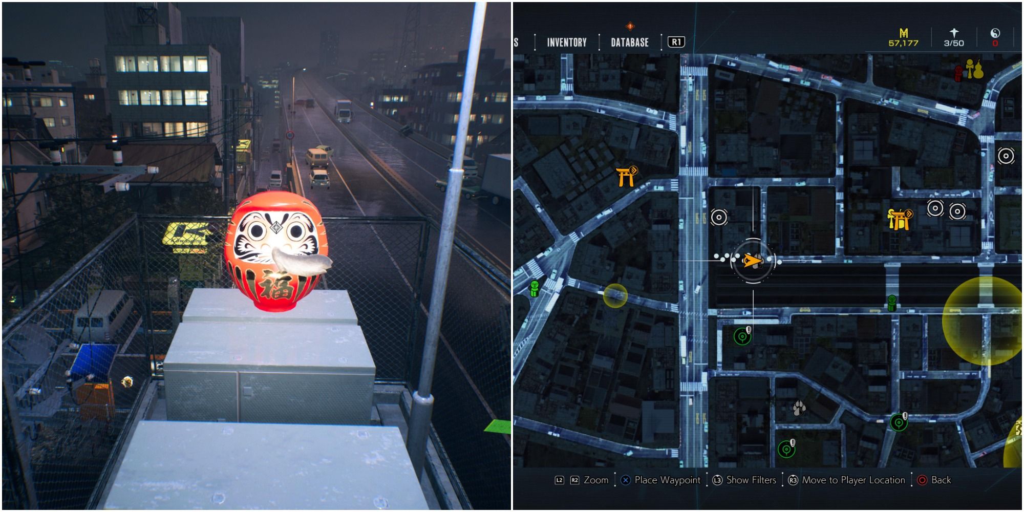 Ghostwire Tokyo Collage - tanuki location map and daruma