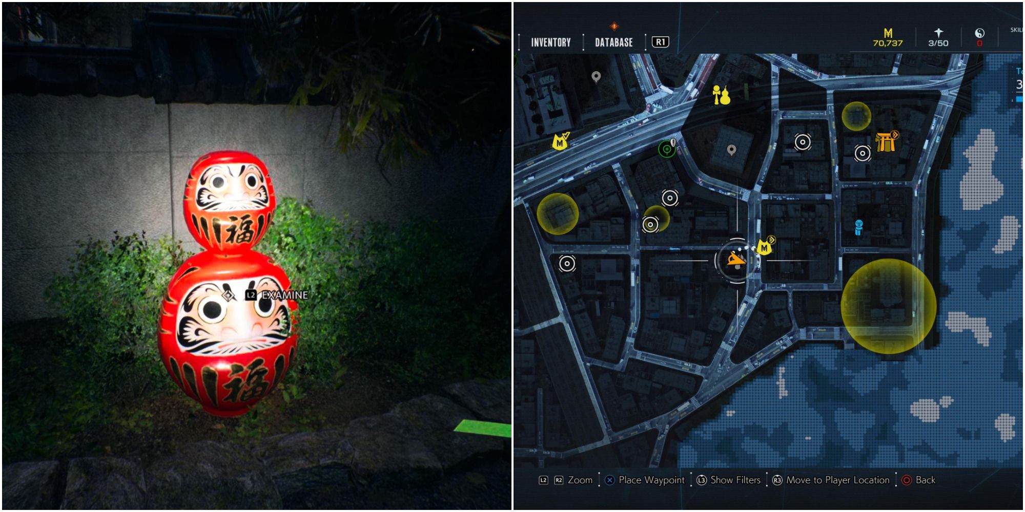 Ghostwire Tokyo Collage - tanuki location map and two daruma