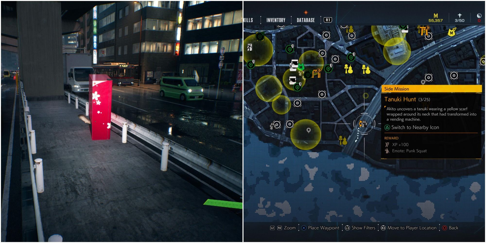 Ghostwire Tokyo Collage - tanuki location map and vending machine