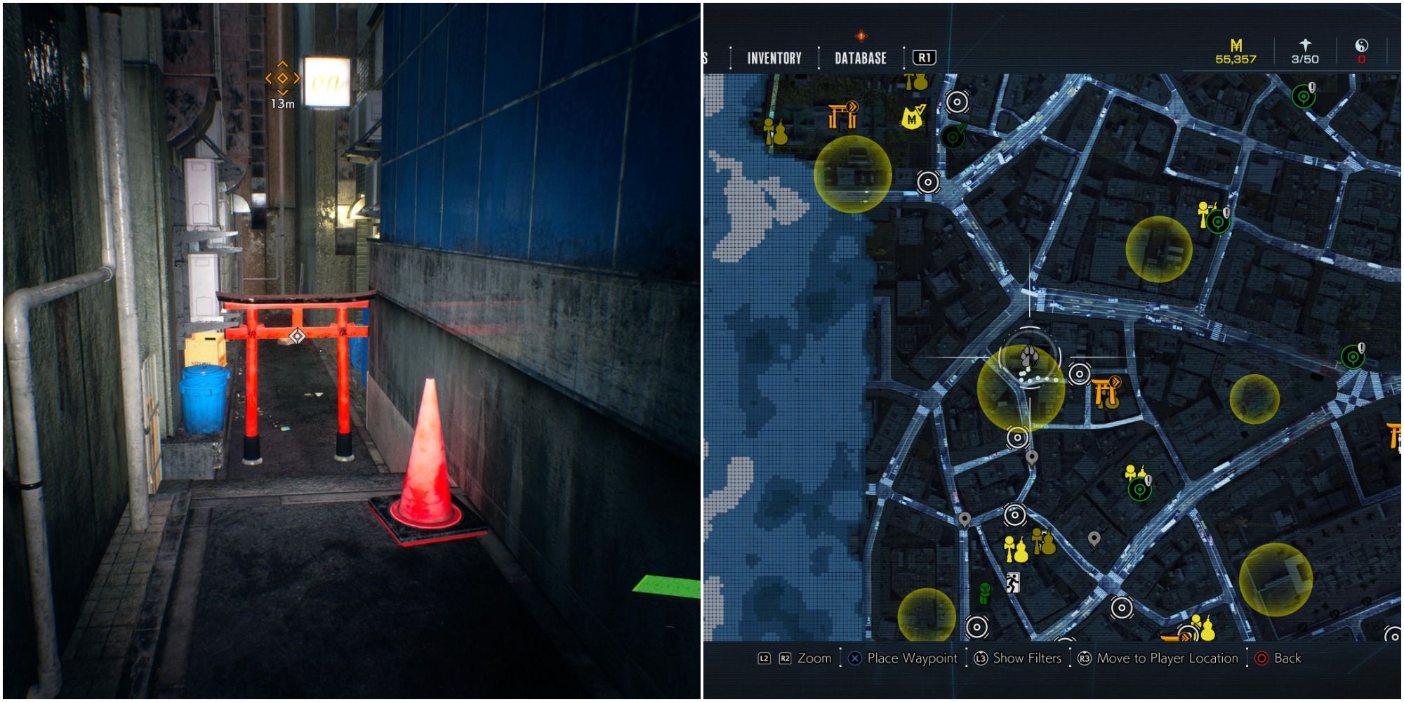 Ghostwire Tokyo Collage - tanuki location map and torri gate