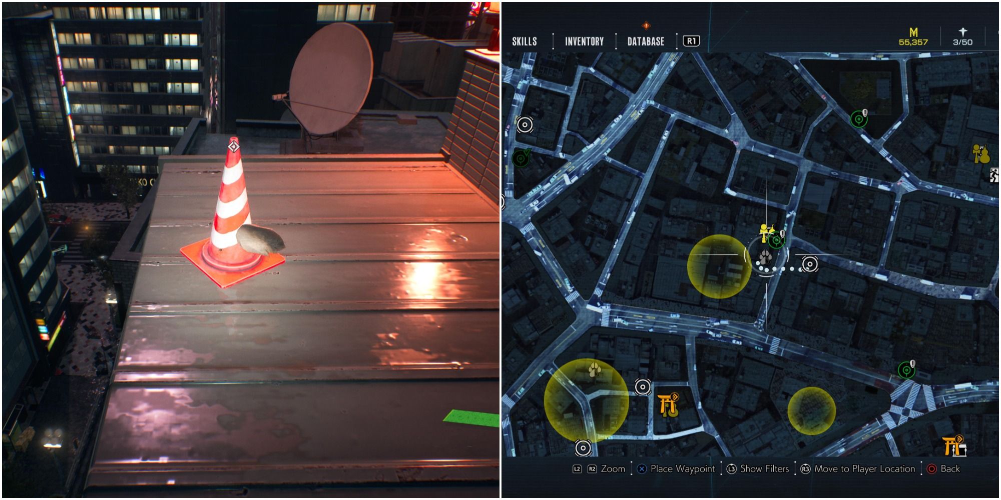 Ghostwire Tokyo Collage - tanuki location map and traffic cone