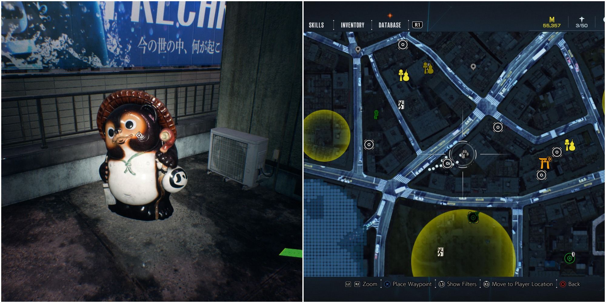 Ghostwire Tokyo Collage - tanuki location map and statue