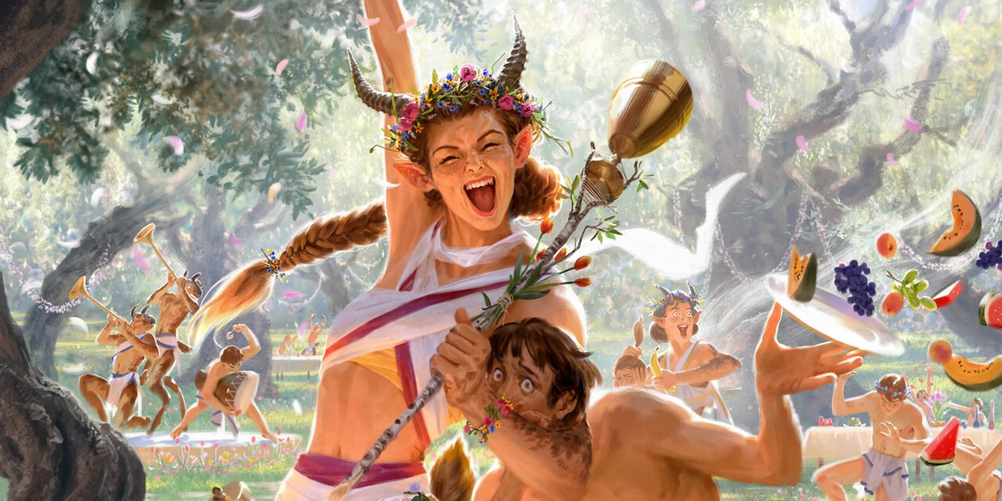 A satyr dancing at a festival with a man locked in her left arm by the head