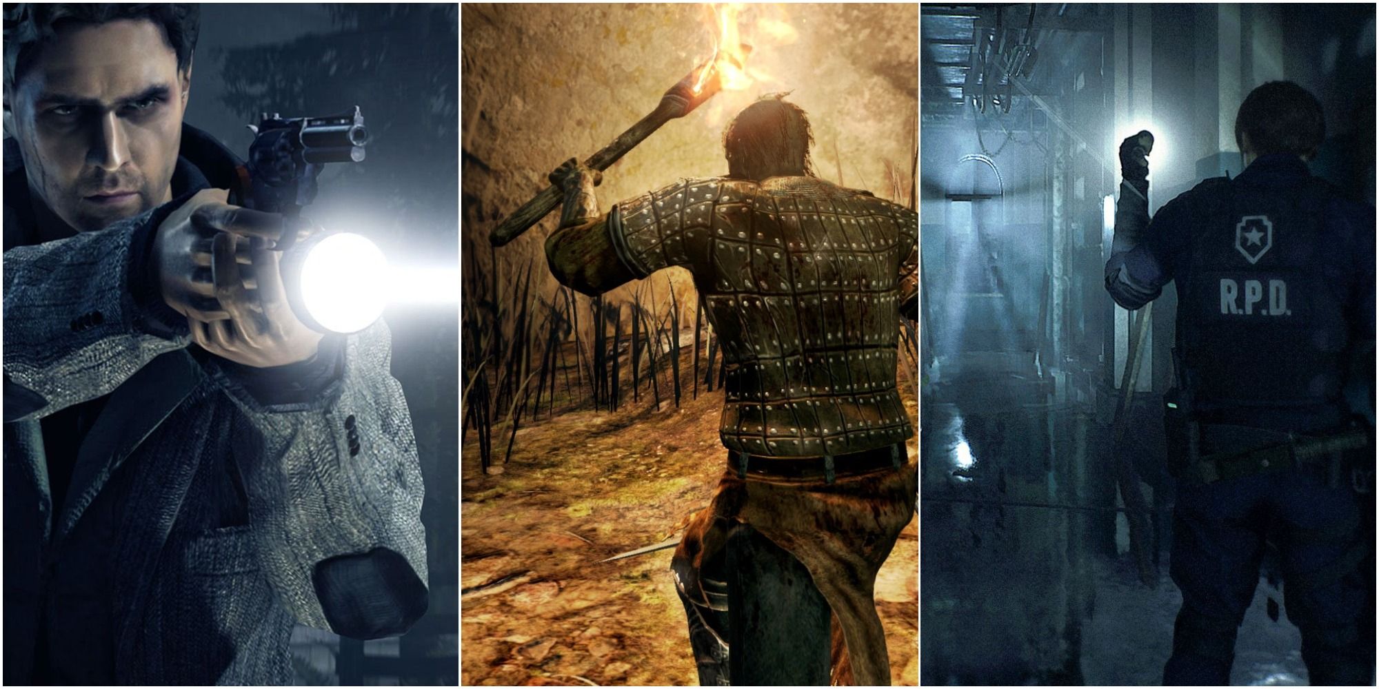 Alan Wake pointing a gun and flashlight, a dark souls 2 character with a torch, and Leon Kennedy shining a flashlight down a hallway, left to right
