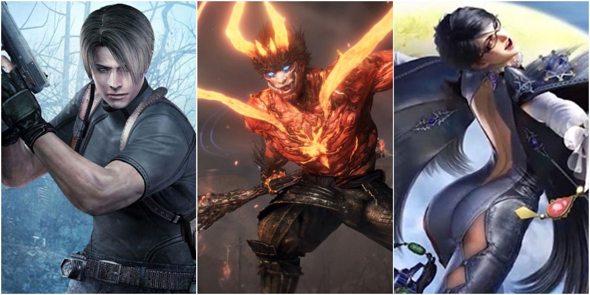 Resident Evil 4 Leon with his gun held up, a character from Nioh 2 in brute yokair form roaring, and Bayonetta with her back towards the screen and her arms held outwards, left to right
