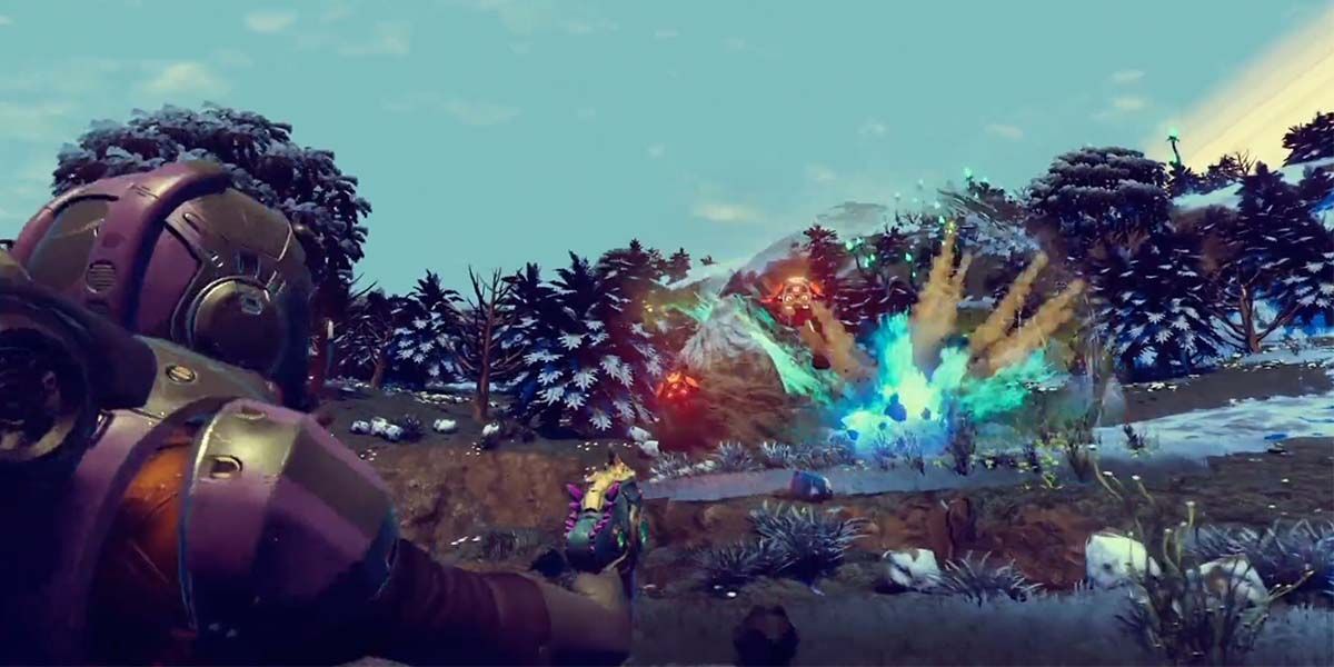 The player in No Man's Sky using the Geology Cannon Multi-Tool weapon, which converts rocks you mine into explosive blasts that deal heavy damage.