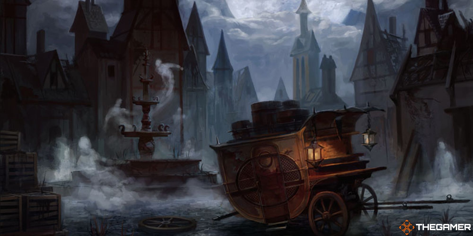 Magic the Gathering Ghost Quarter from Innistrad by Peter Mohrbacher. An abandoned cart in a gothic Victorian setting. A full moon shines on the ghosts that occupy the town.