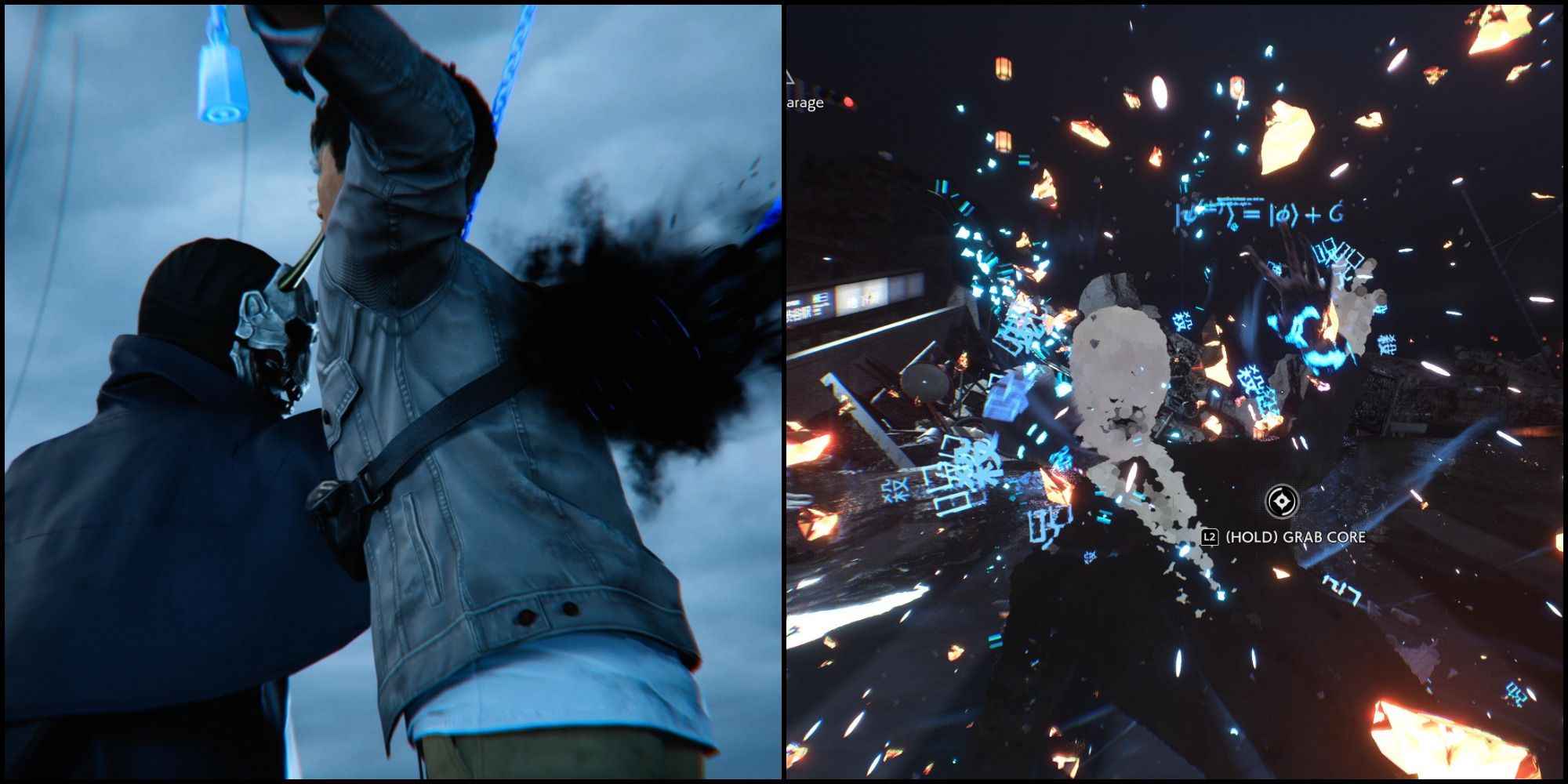 A split picture of Akito being stabbed on the left and a Visitor being vanquished on the right.