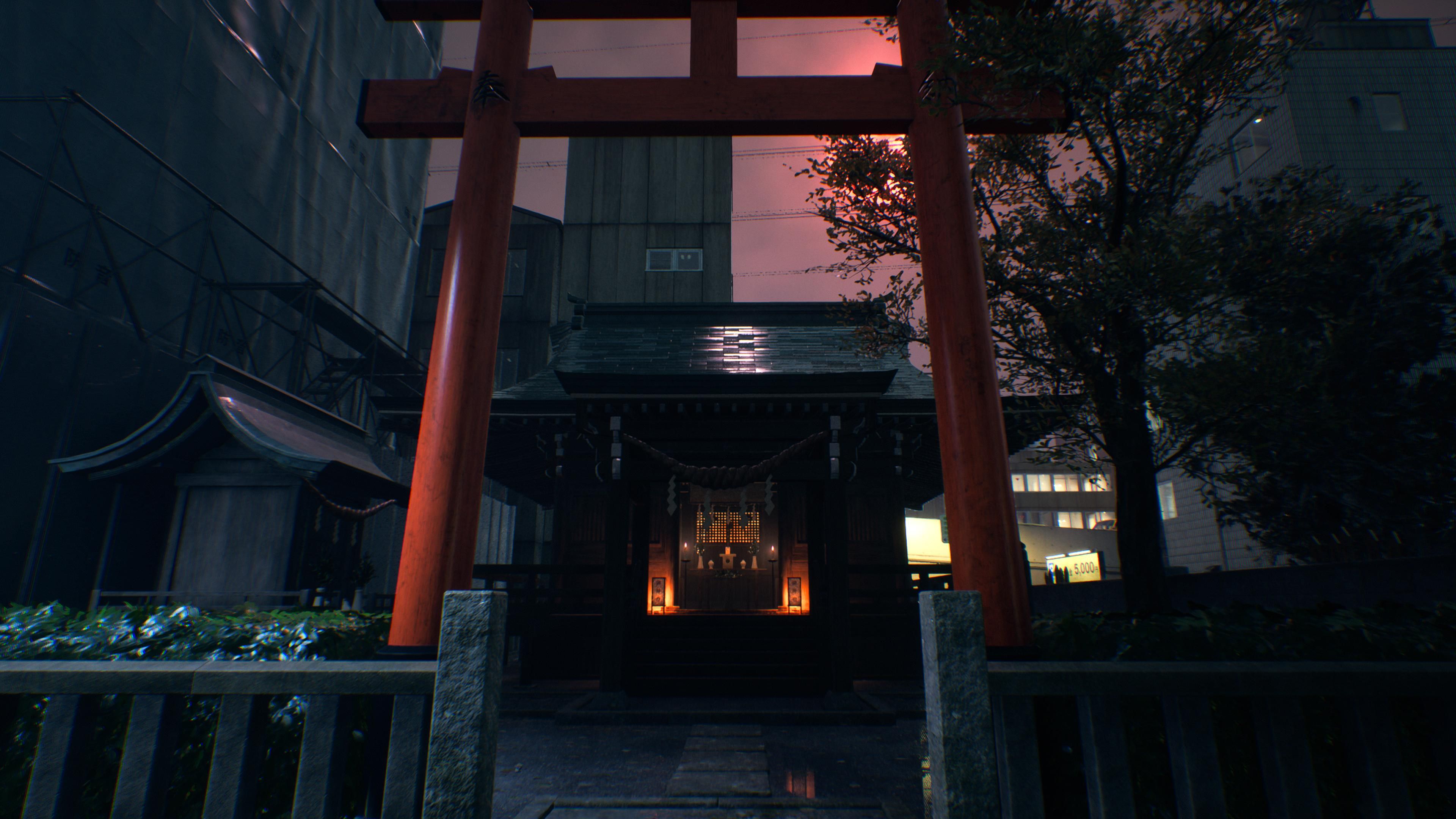 A torii gate and a shrine.