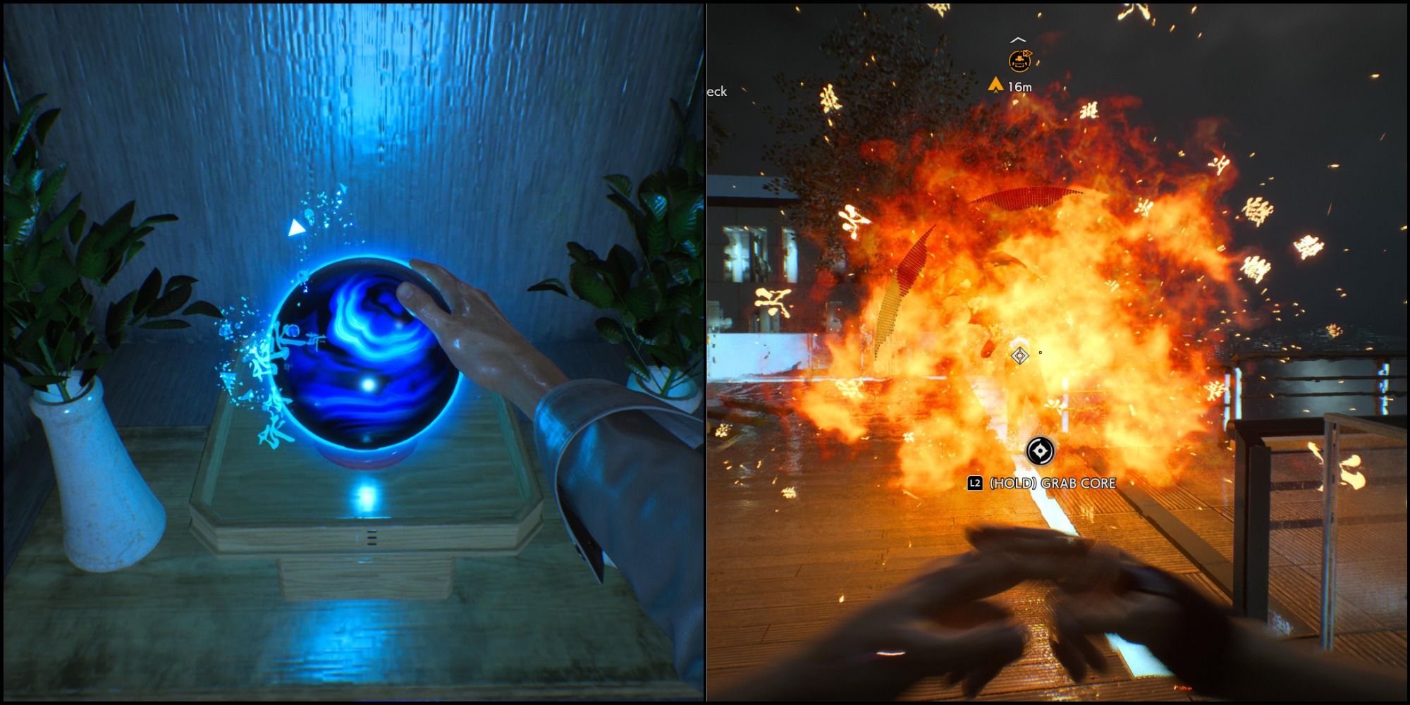 A split image of a blue sphere on the left and a big fire explosion on the right.