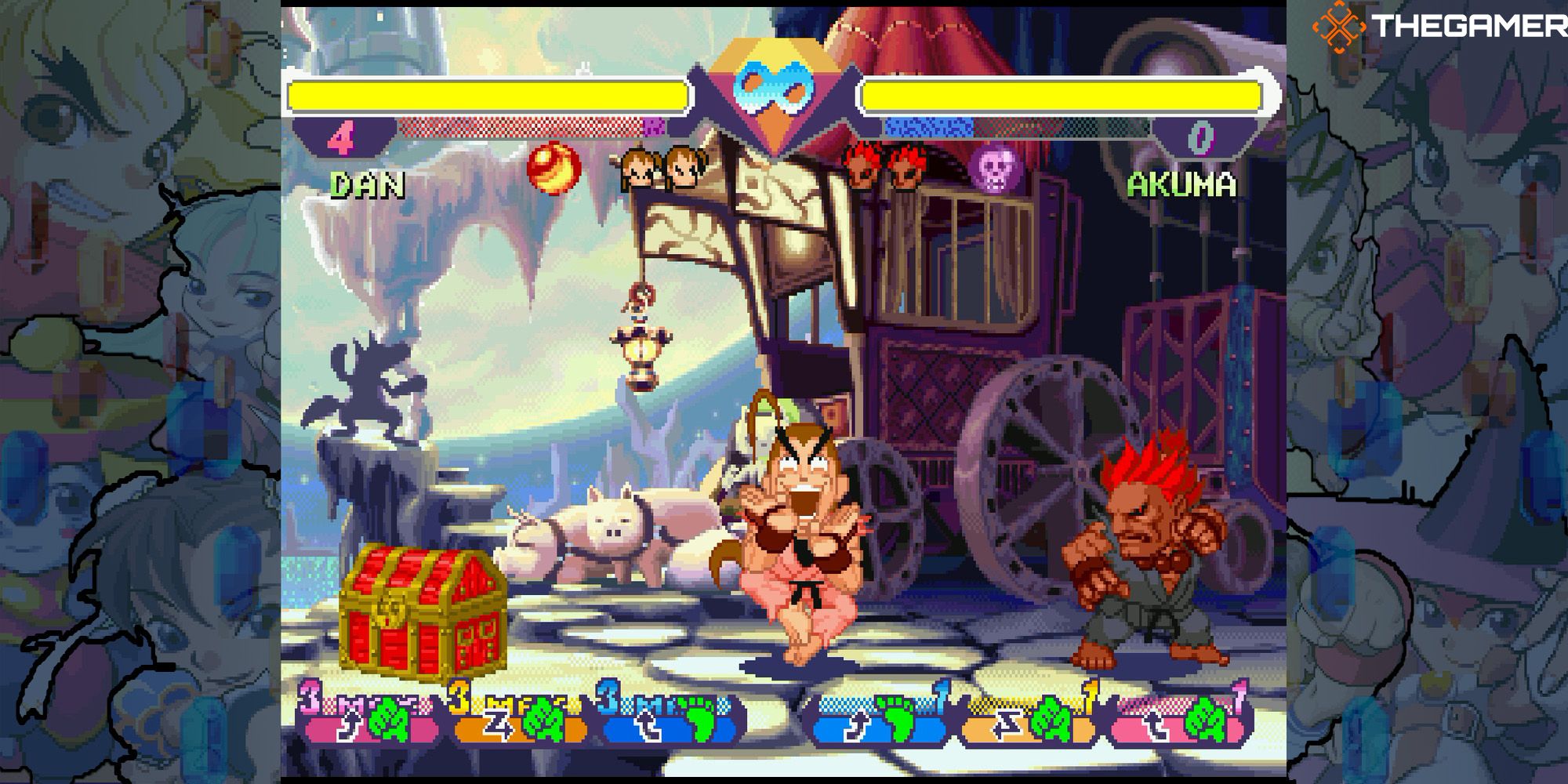 Dan skips with joy in a battle against Akuma at Moonlight Dark Castle. Pocket Fighter.