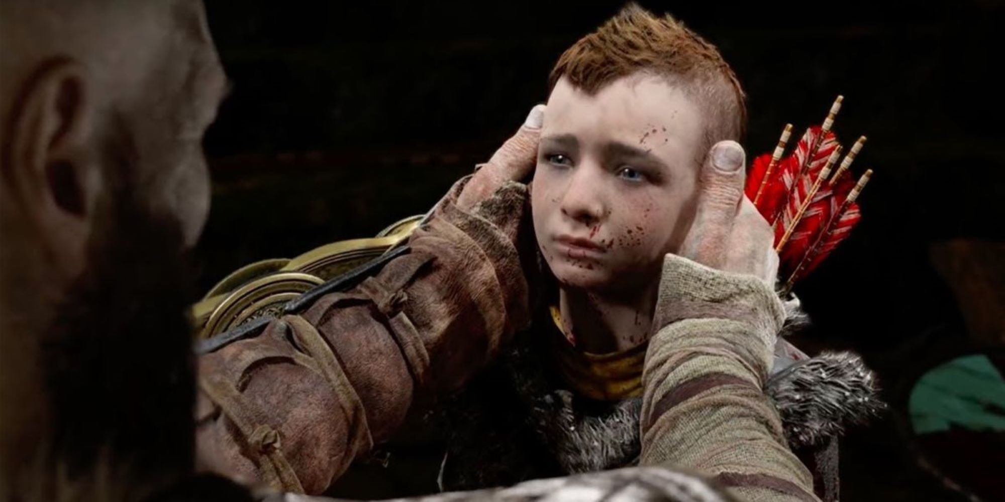 God Of War Kratos placing hands on Atreus Face