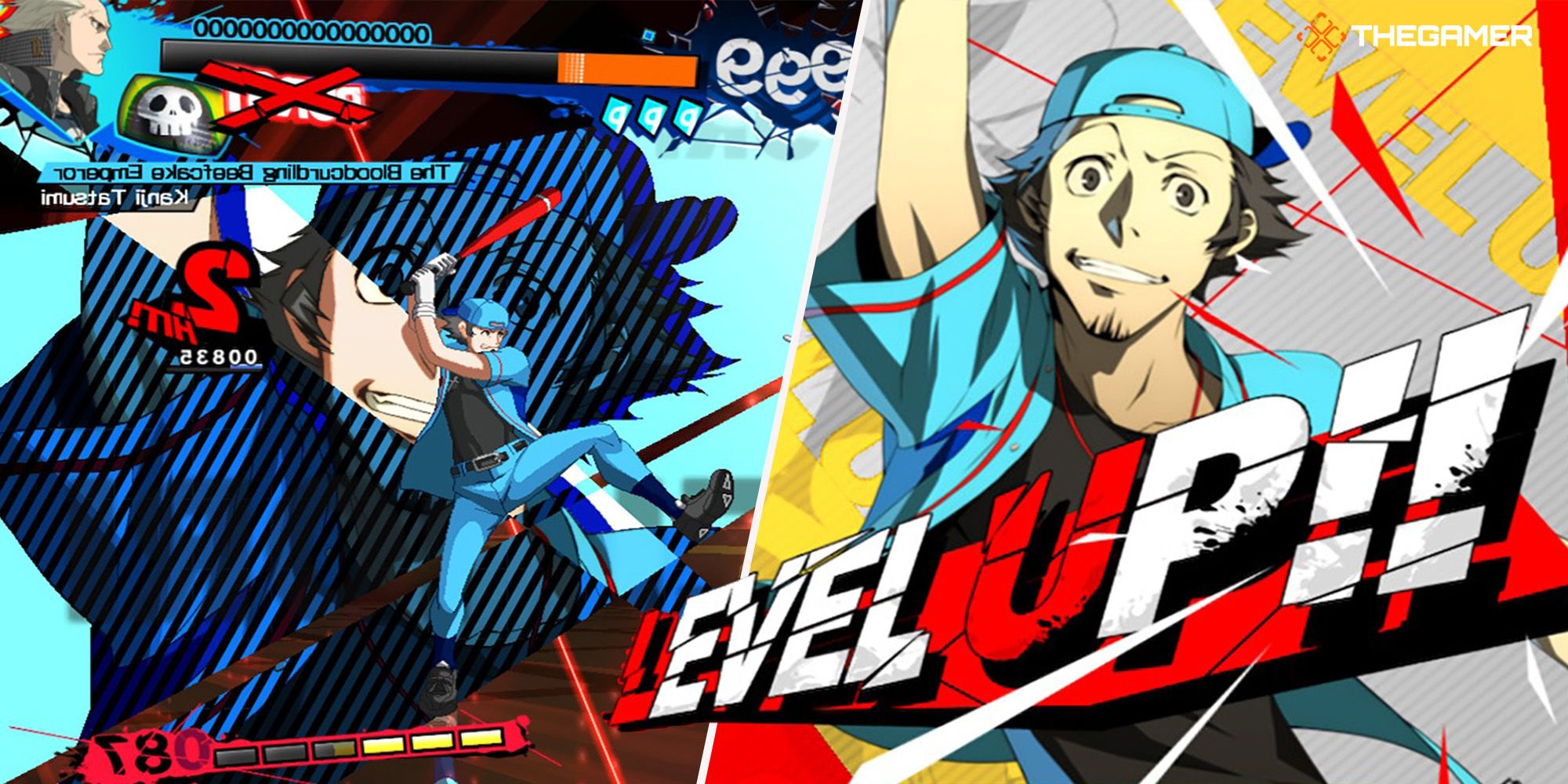[Left Panel] Junpei swings his baseball bat during an SP Skill. [Right Panel] Junpei levels up in Golden Arena Mode. Custom Image. Persona 4 Arena Ultimax.
