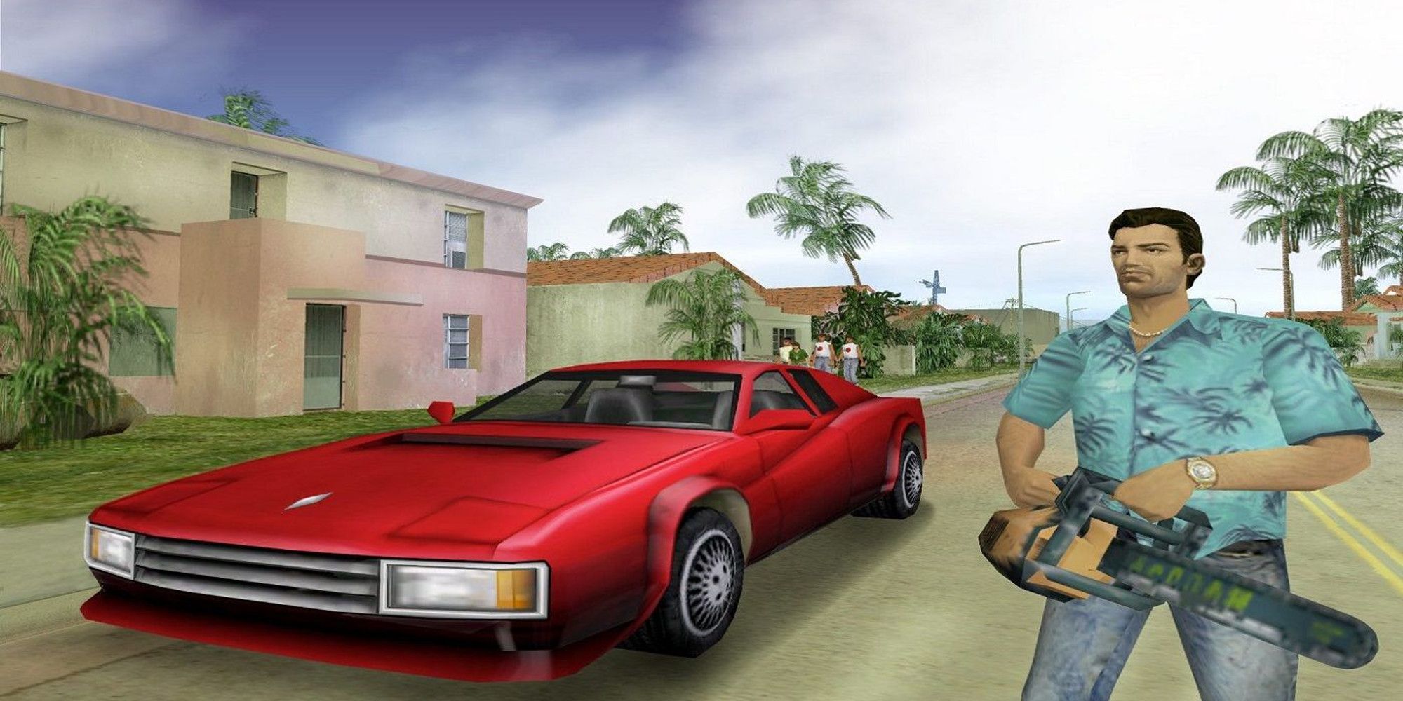 Tommy Vercetti poses with his chainsaw next to a red sports car in Grand Theft Auto: Vice CIty