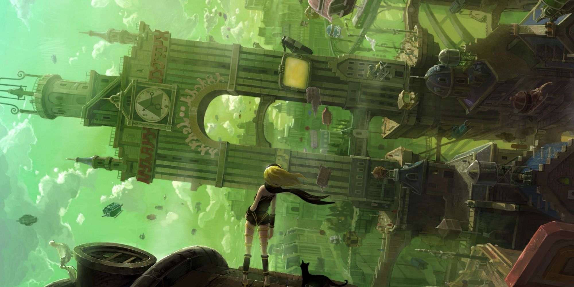 Gravity Rush Kat Stands on the Side of a Building Looking at the City of Hekseville