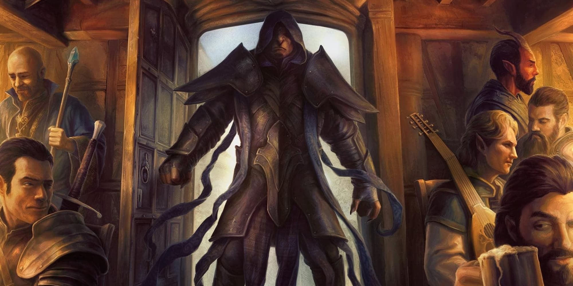 A hooded figure standing in the open doorway of a tavern, whilst patrons glance at them