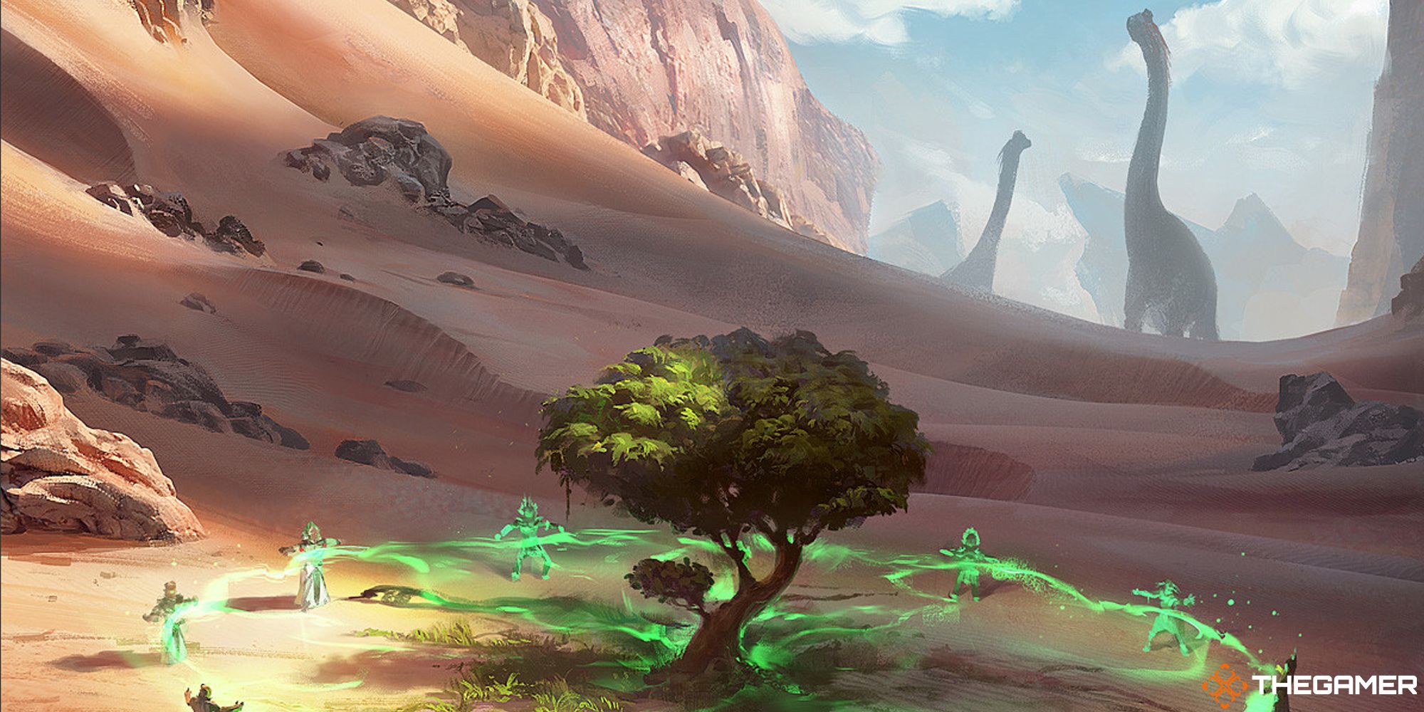 Growing Rites of Itlimoc by Grzegorz Rutkowski, from Magic the Gathering. Mages create a single tree in the middle of the desert. Tall dinosaurs roam in the background.