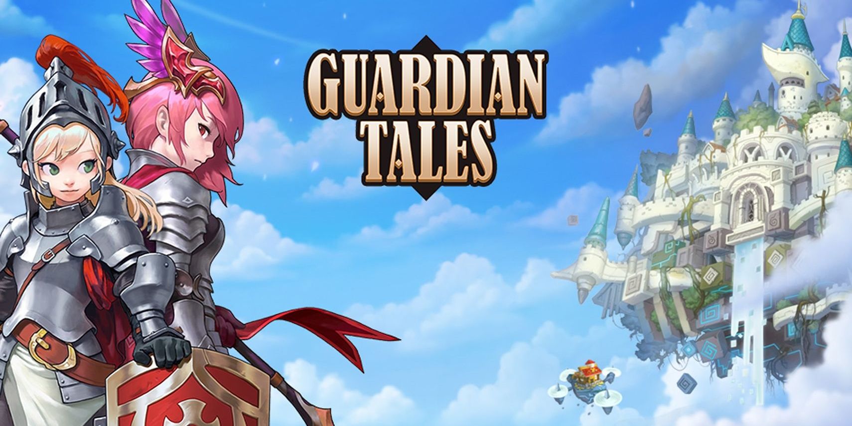 Guardian Tales Cover with two knights standing back to back across a floating castle