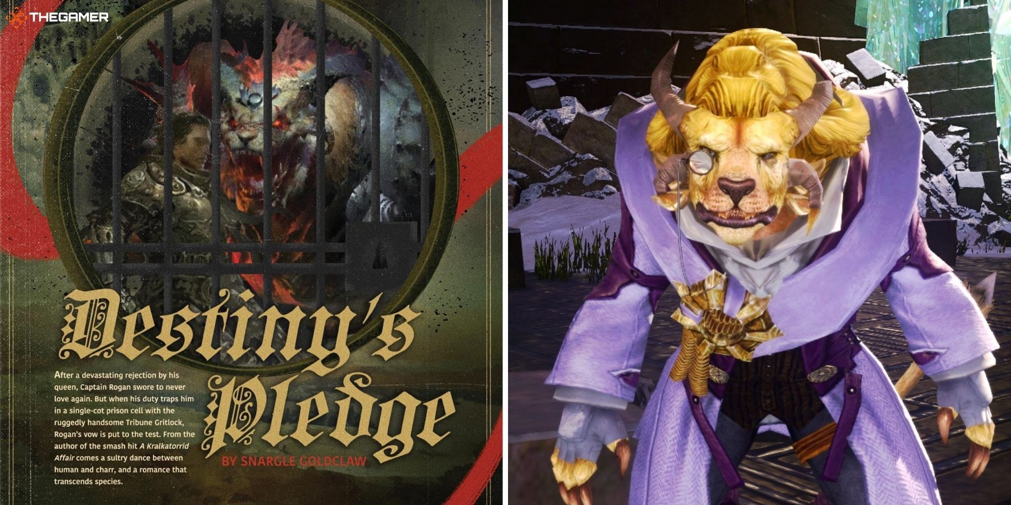 Guild Wars 2 End of Dragons - Destiny's Pledge cover on left, Snargle Goldclaw on right