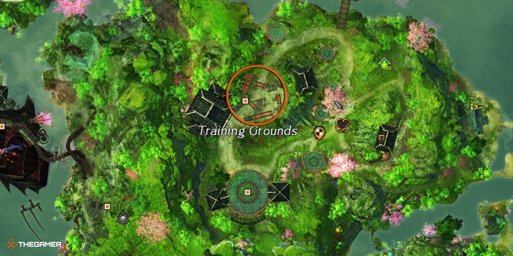 Guild Wars 2 End of Dragons - map of the Training Grounds with obstacle course marked