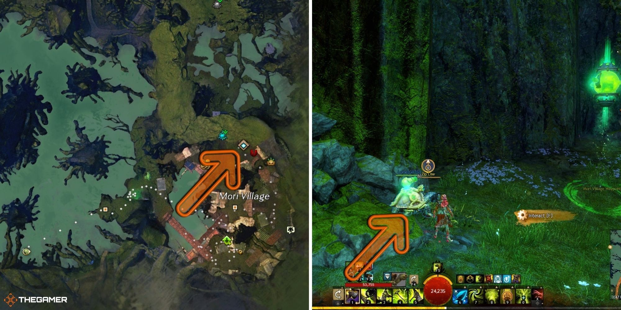 Guild Wars 2 end of dragons - Mori Village map on left, zipline on right