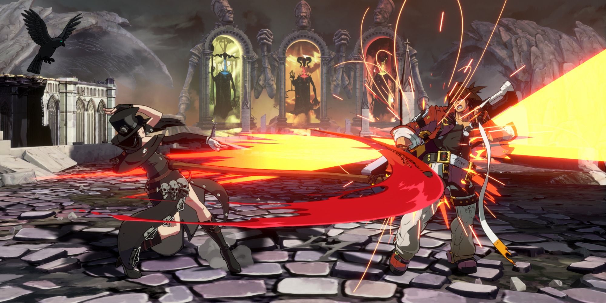 Testament striking Sol Badguy with their crimson scythe in Guilty Gear Strive